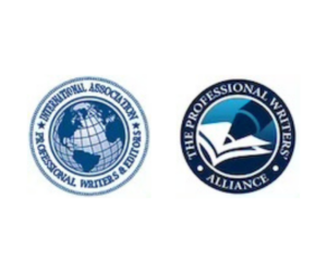 2 logos. On the left, a white and blue logo for the International Association of Professional Writers and Editors. On the right, a navy blue and white logo that appears to be a badge for the professional writer’s alliance. 